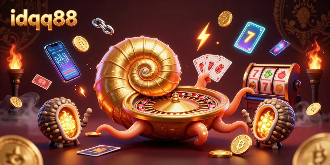 Play exciting casino games at idqq88, featuring vibrant slot machines and glowing crypto elements