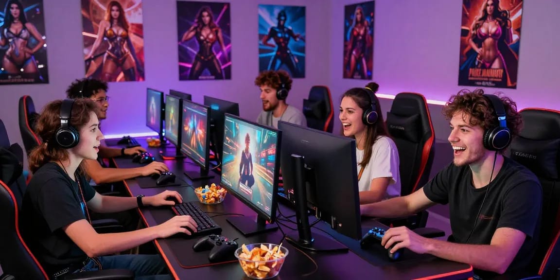 Friends enjoying game sex on a computer setup with vibrant lights and snacks.