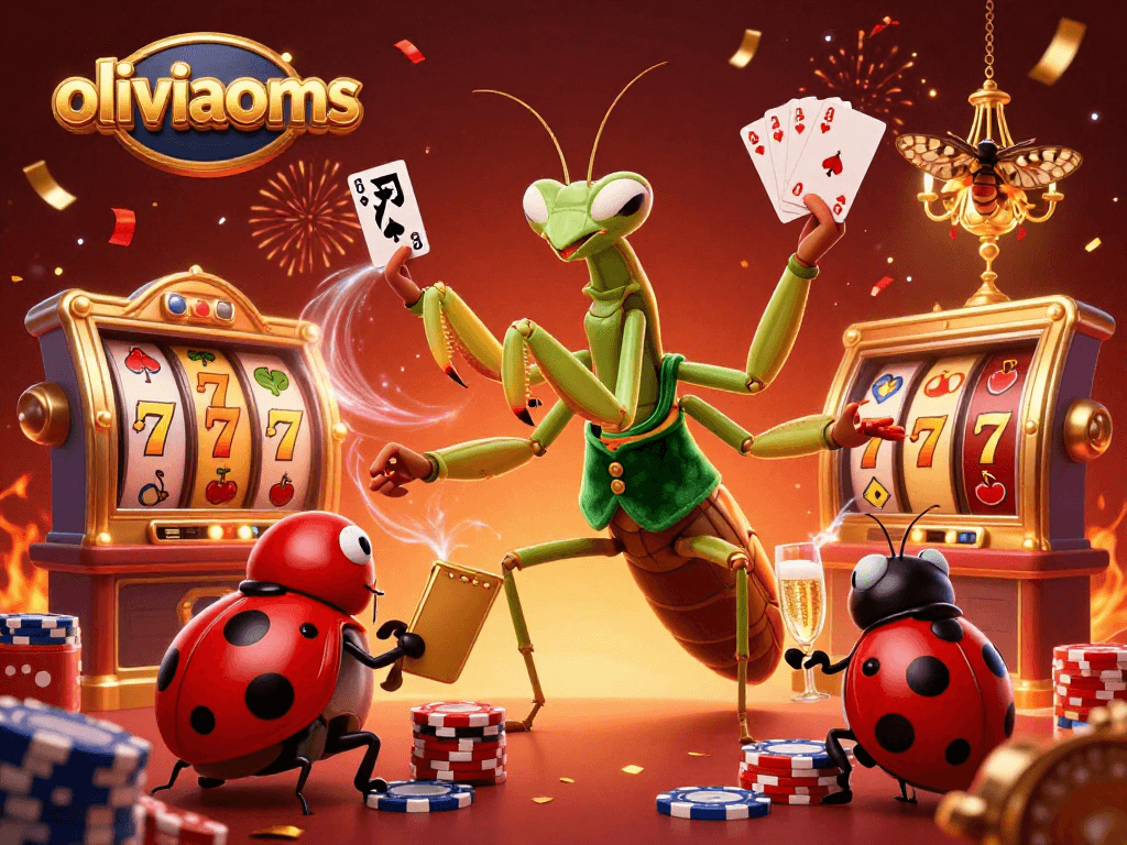 Play exciting games at oliviaooms with a vibrant scene featuring a giant praying mantis and dynamic casino action.