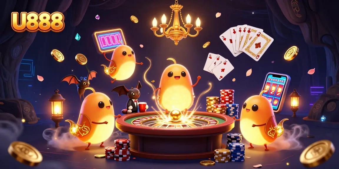 U888 glows as glowworms illuminate the cave casino with gold coins and sparkling gems.