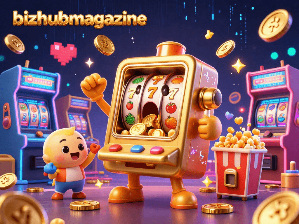Experience the vibrant excitement of the bizhubmagazine golden slot machine hitting a jackpot in this lively 3D illustration.