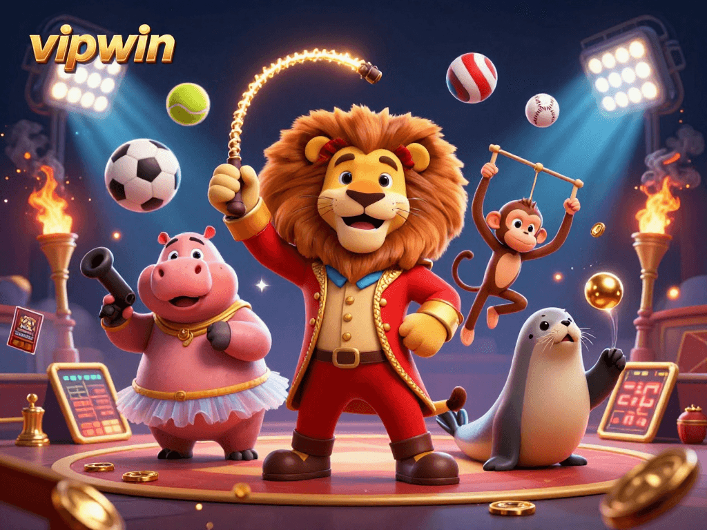 Win with vipwin in this vibrant circus scene featuring engaging circus characters and dynamic sports elements.