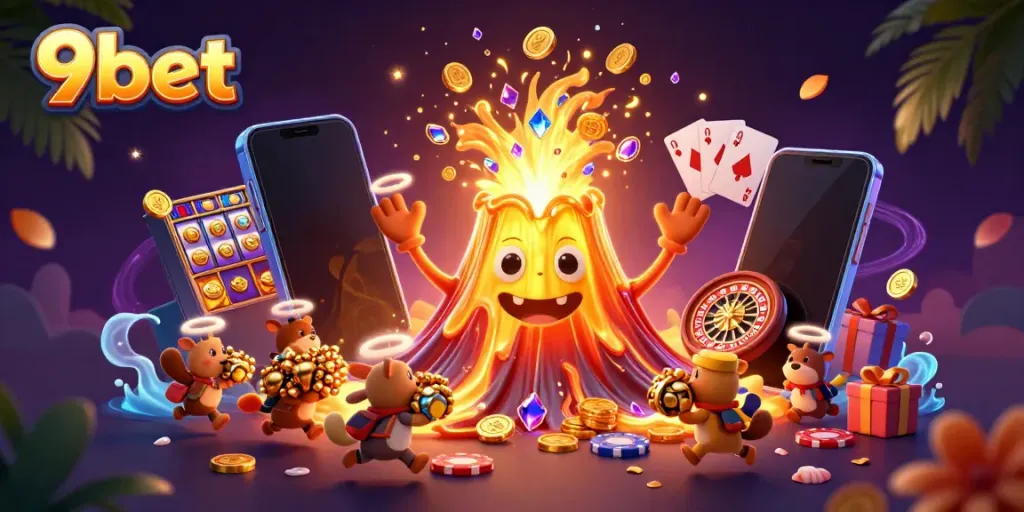 Experience thrilling wins at 9bet with golden volcano treasures and vibrant casino elements.