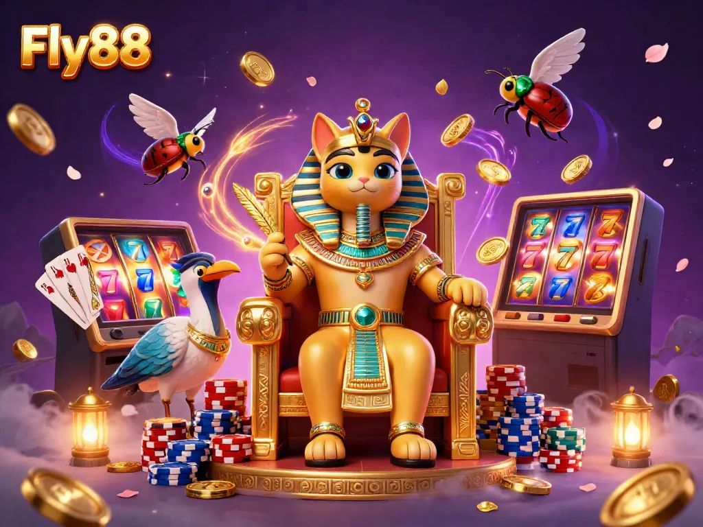 Fly88 showcases an Egyptian pharaoh cat presiding over a thrilling casino scene with slot machines.