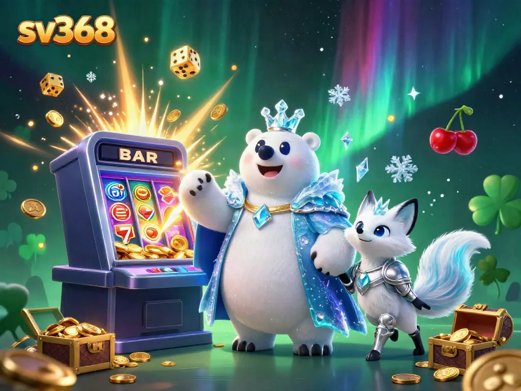 Join sv368 for exciting gaming action as a polar bear king and snow fox champion navigate through a vibrant casino.
