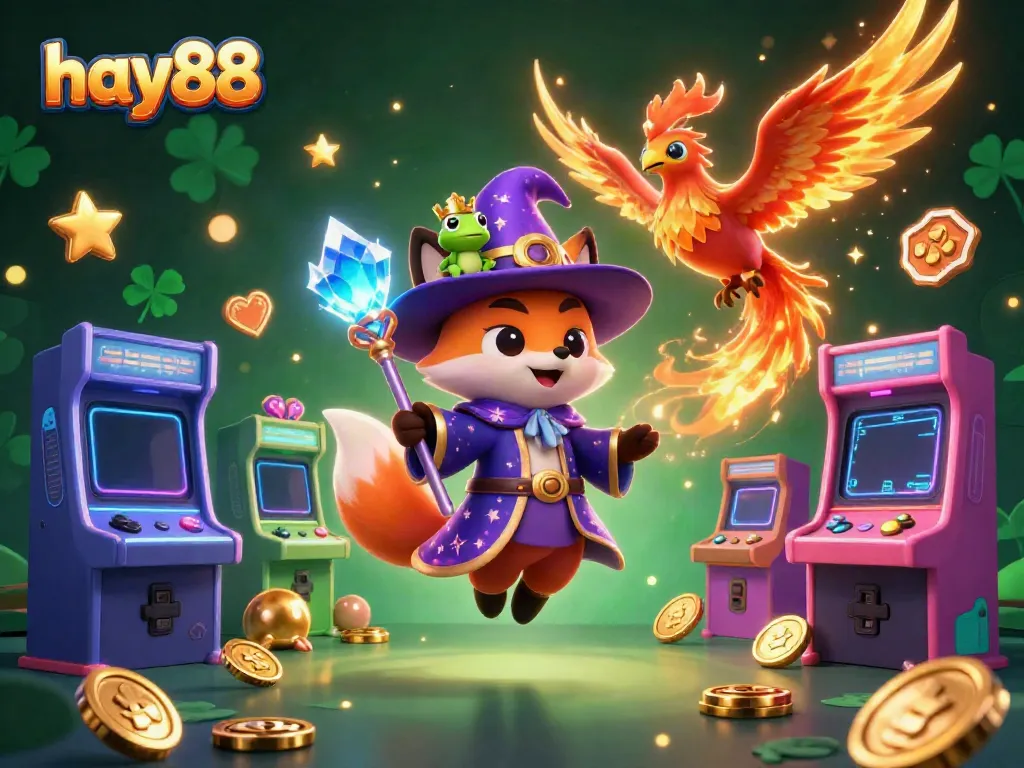 Experience the magic of hay88 with a wizard fox and phoenix in a vibrant casino gaming scene.