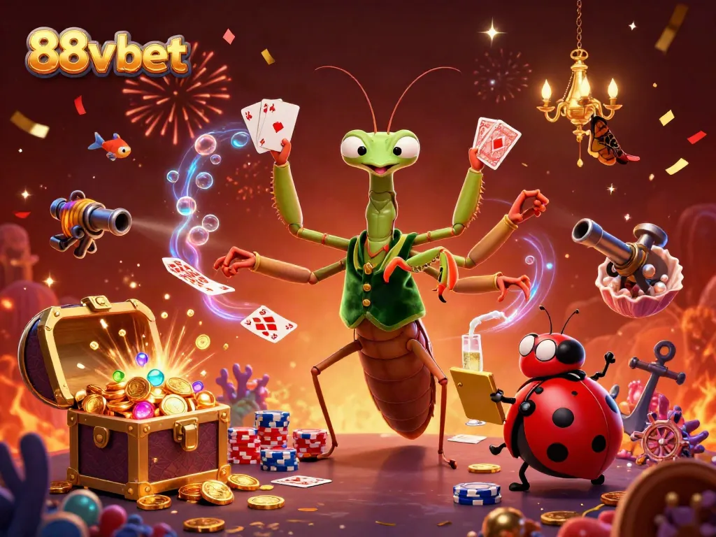 Experience the thrilling world of 88v bet with a colorful 3D casino scene featuring a giant mantis card sharp and ladybug pit boss.