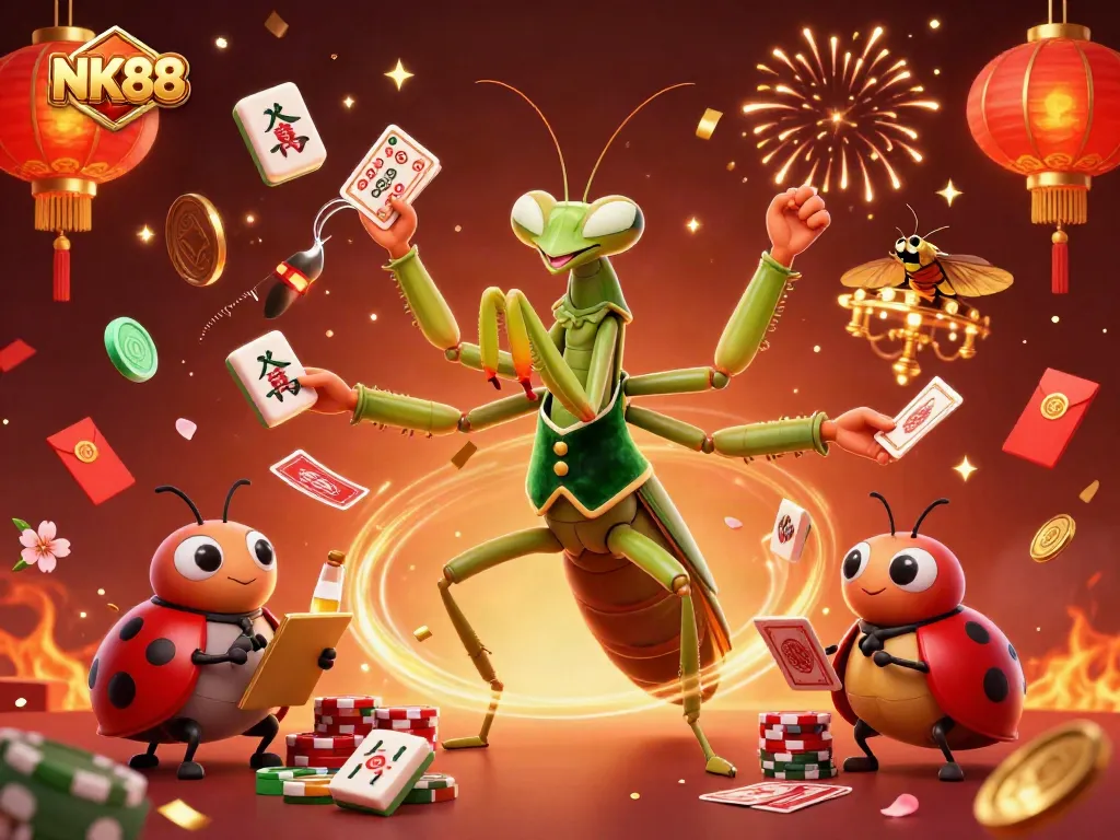 Experience thrilling gameplay with NK88 as a giant praying mantis deals cards amidst dazzling decorations.