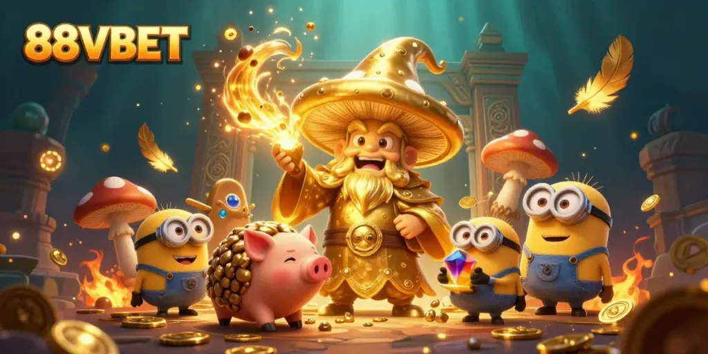 88VBET showcases a whimsical 3D illustration with characters channeling magic amidst a vibrant casino scene.