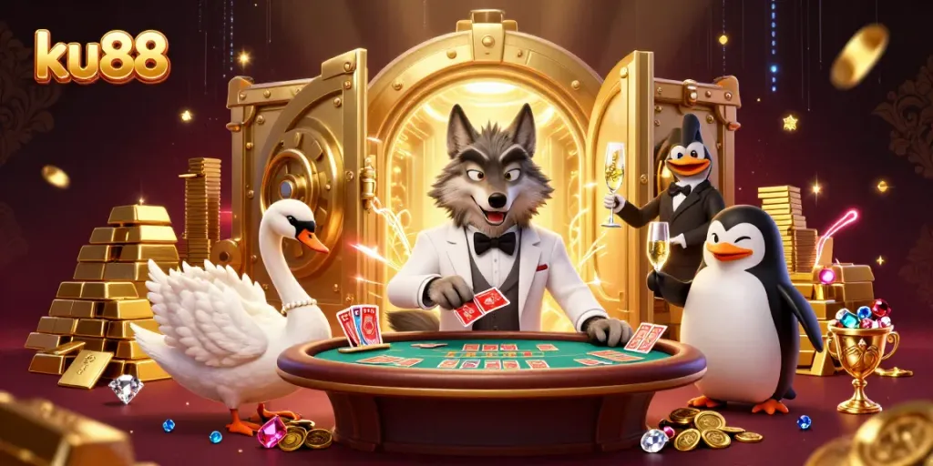 Experience thrilling baccarat with ku88 in a vibrant casino scene featuring a wolf, swan, and penguin.