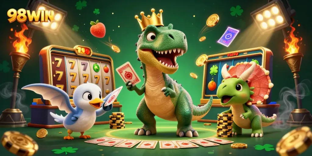 Engage with 98WIN in a vibrant casino scene featuring characters enjoying slots and betting excitement.