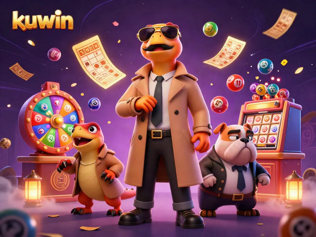 Kuwin welcomes players with raptors in disguises entering a VIP casino, surrounded by colorful lottery elements.