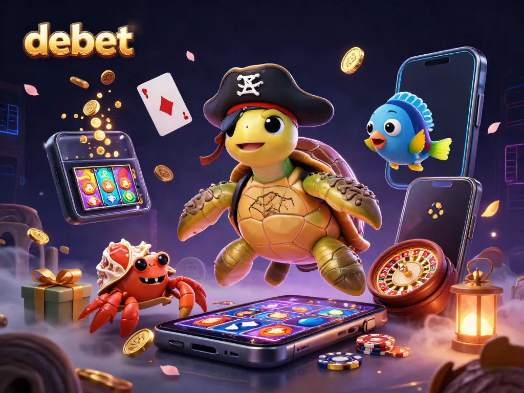 Experience the vibrant world of debet with a lively pirate turtle and friends amidst exciting gambling elements.