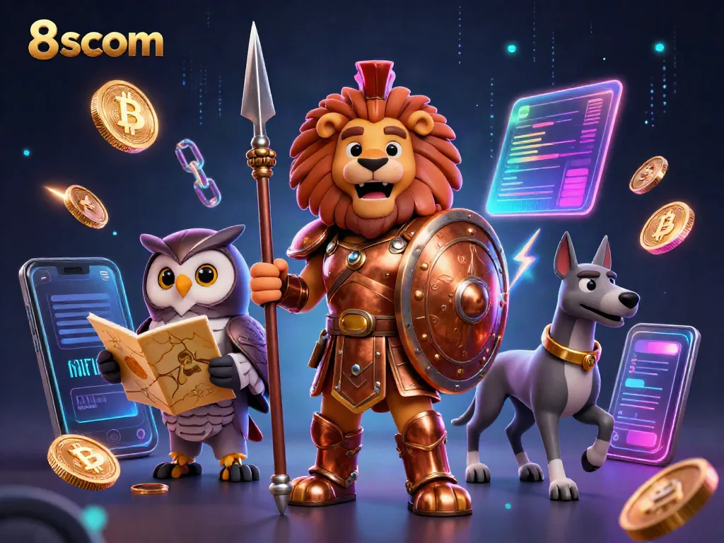 Experience thrilling adventures with 8scom amidst glowing NFTs and cryptocurrency coins in a vibrant casino backdrop.