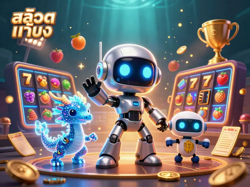 Engage in the vibrant gaming world of สล็อตแท้ตรง with a dynamic illustration of casino elements and characters.