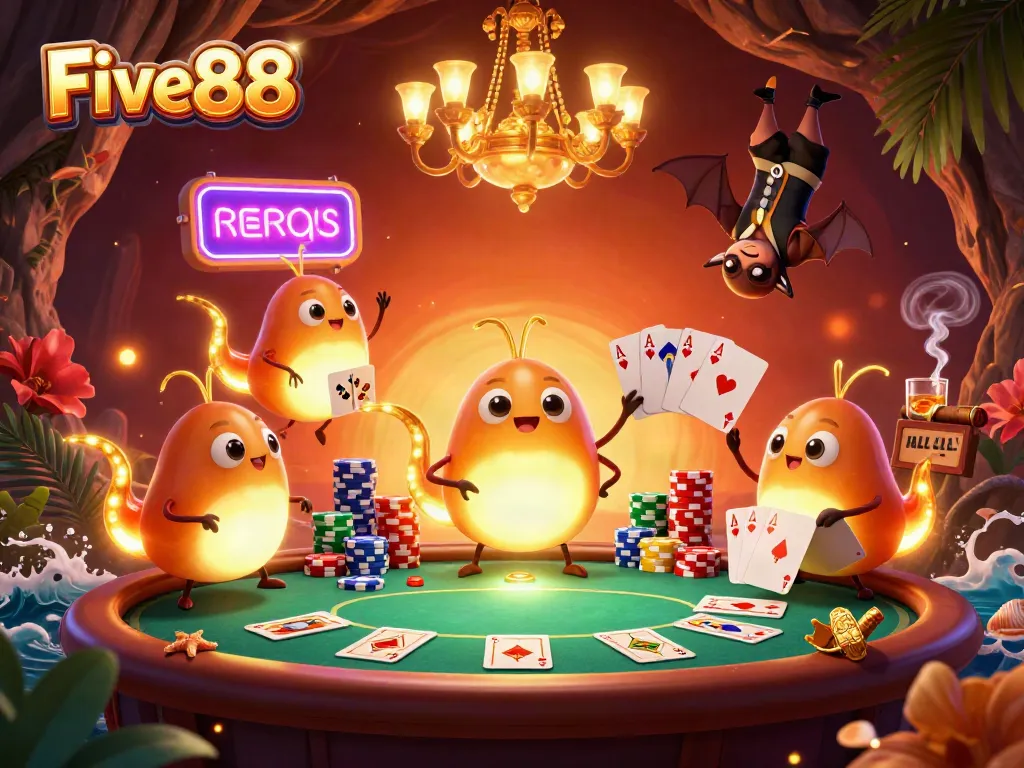 Experience Five88's vibrant cave casino with glowworms lighting up poker tables and immersing players in excitement.