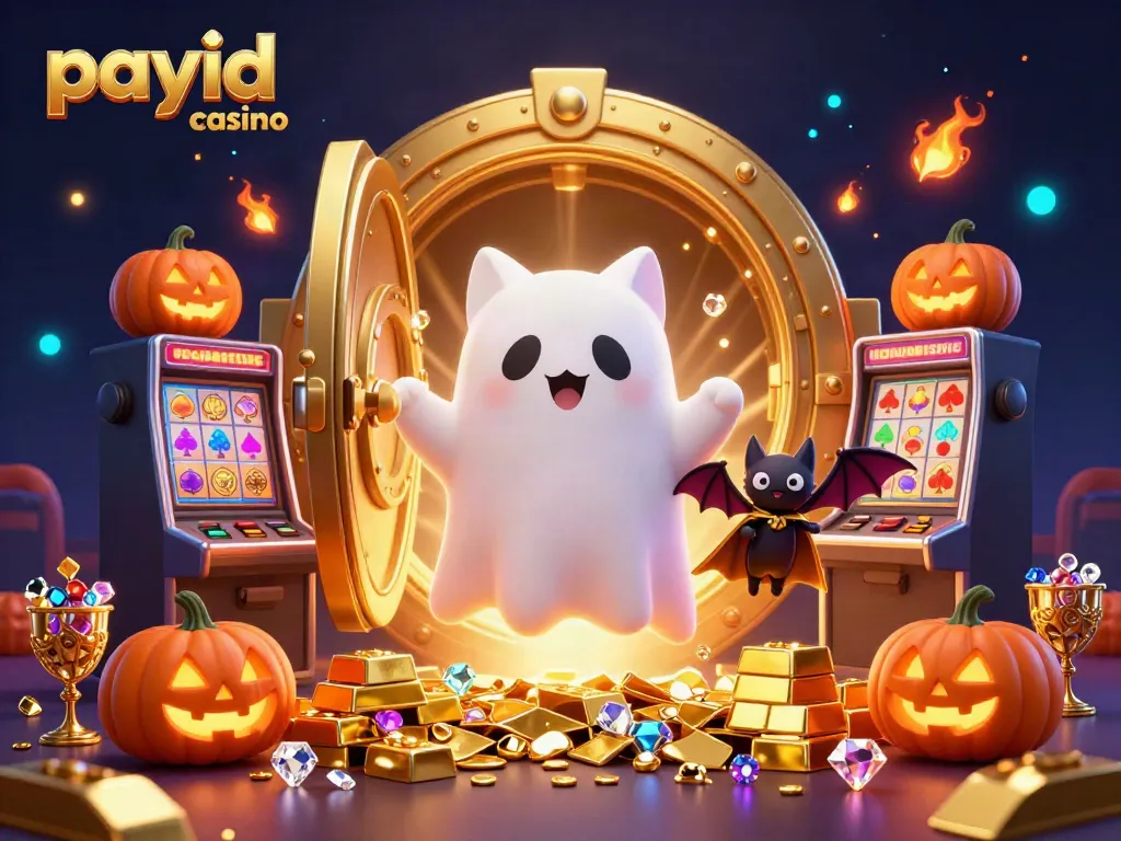 Engage with PayID casino through a vibrant scene featuring a ghost cat and a bat in a dazzling casino setting.