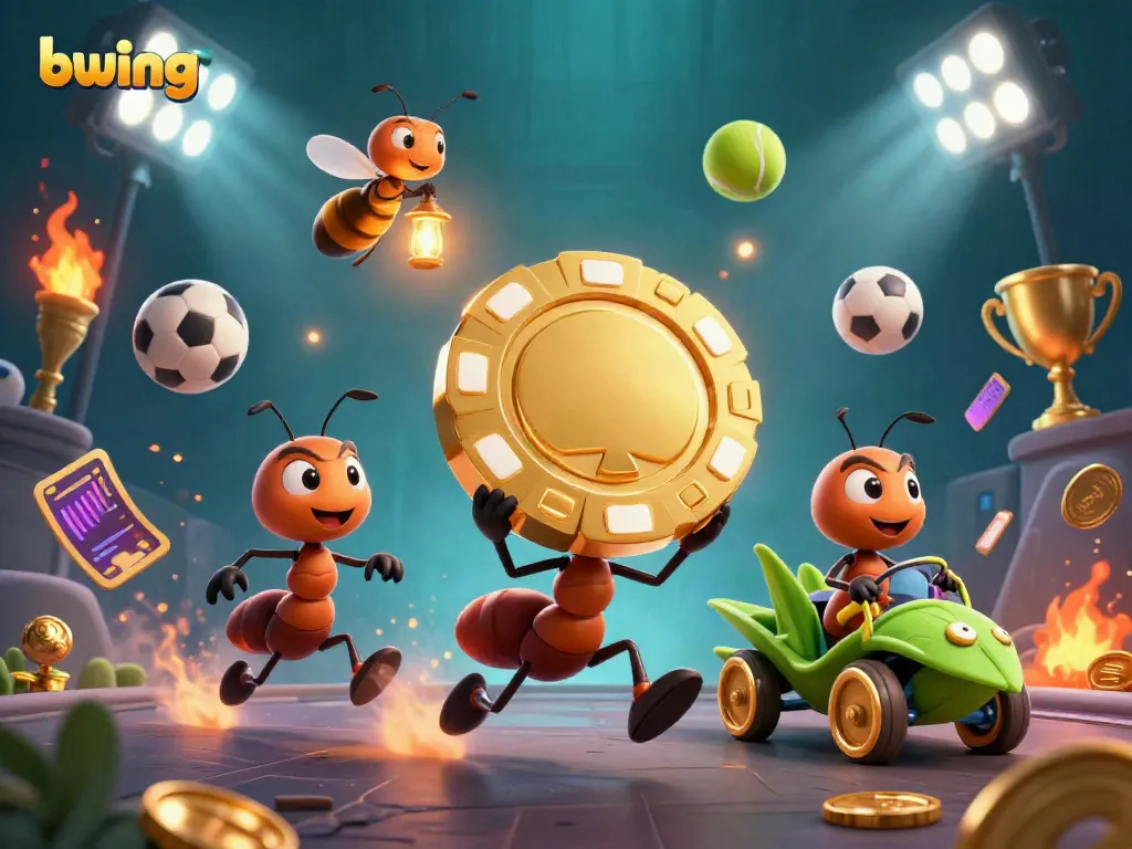 Engage with bwing's online casino adventure led by animated ants transporting a massive golden poker chip.
