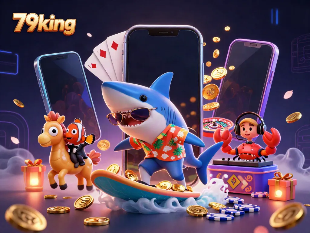 Experience excitement with 79king as a hammer-head shark rides a wave of gold coins.