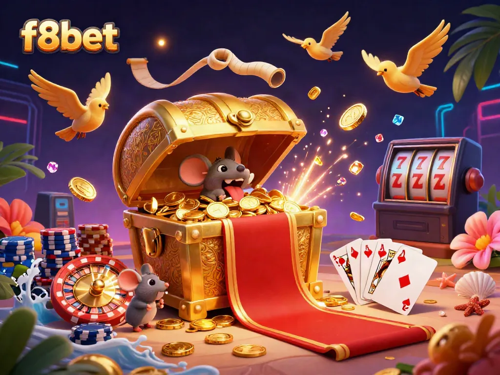 Experience the excitement of f8bet with a 3D treasure chest, golden coins, and game elements.