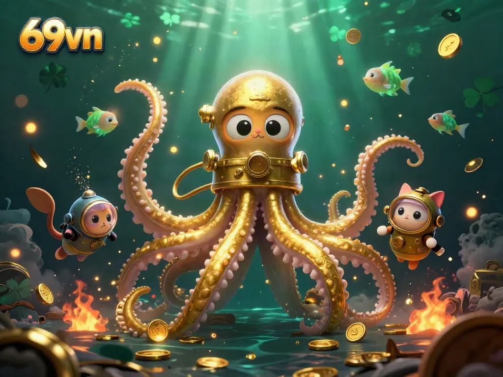 Engage with a thrilling 69vn gaming scene featuring a kraken, diving cat, and vibrant ocean elements.