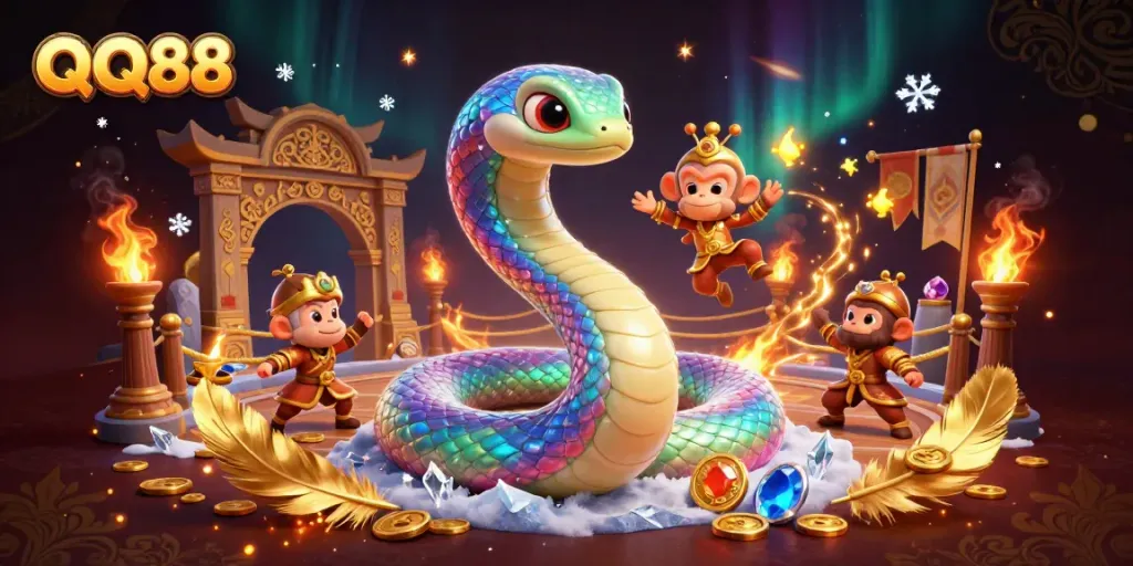 Experience excitement with QQ88 as a colorful serpent coils around a golden pillar in a vibrant casino scene.