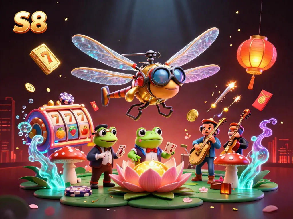 S8's vibrant casino scene with dragonfly pilot, frog croupier, and jazz musicians for thrilling gameplay.