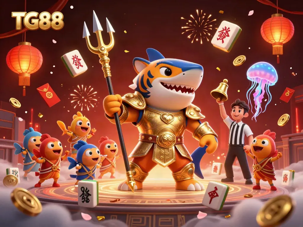Experience exhilarating gameplay at TG88 with a dynamic underwater colosseum scene featuring a tiger shark warrior and festive game elements.