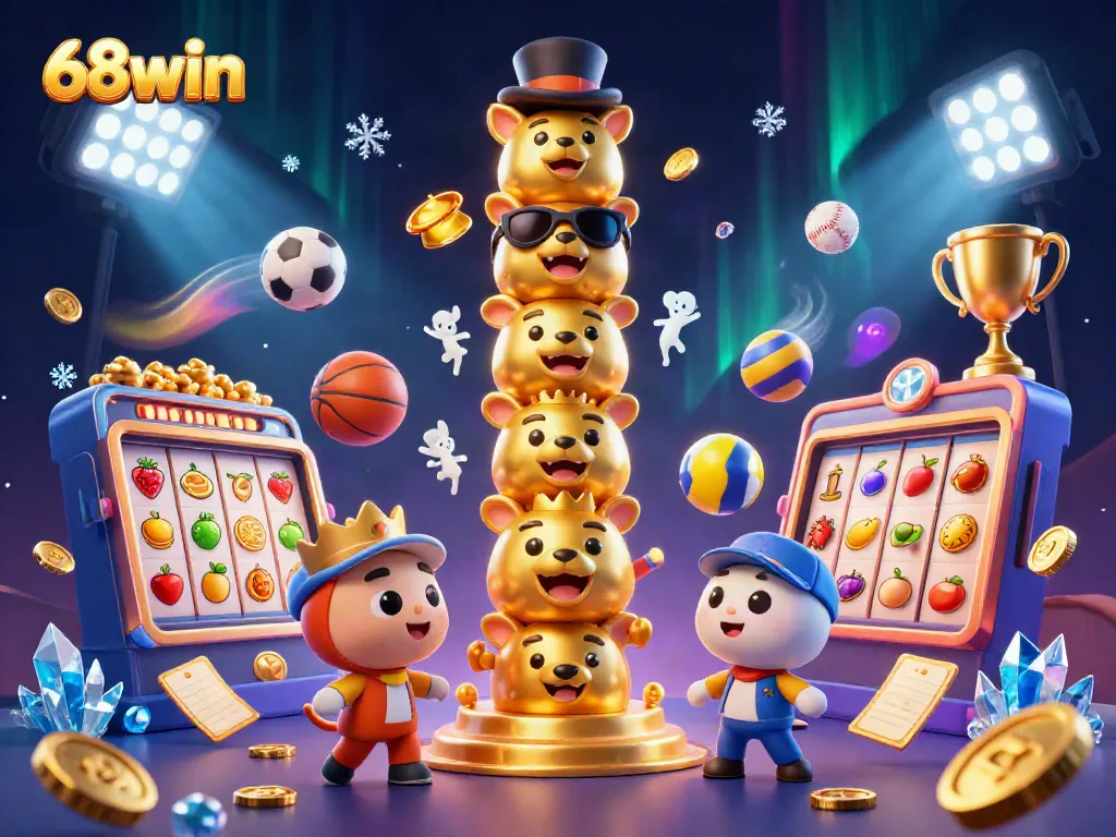 Engage with 68win's vibrant 3D casino scene featuring golden totem and dynamic game elements.