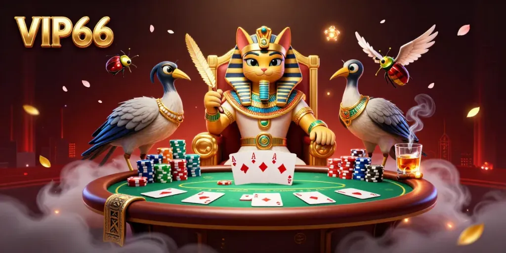 Experience VIP66 excitement with a majestic pharaoh cat surrounded by rich casino elements.