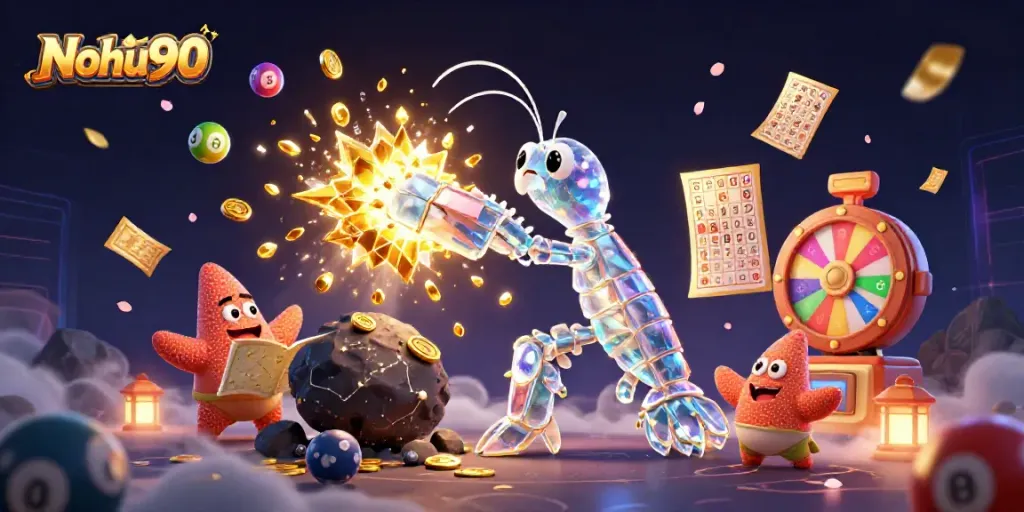 Nohu90 showcases a galactic shrimp samurai triumphantly unleashing treasure in a vibrant casino-themed scene.