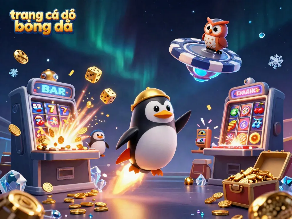 Experience the thrill of trang cá độ bóng đá with a cartoon penguin and dazzling casino elements.