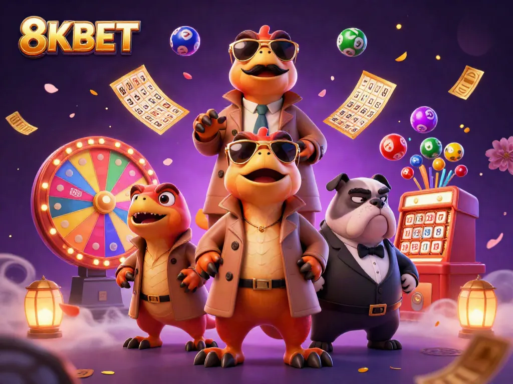 Experience the excitement of 8KBET with raptors in a trench coat entering a VIP casino, surrounded by vibrant gaming elements.