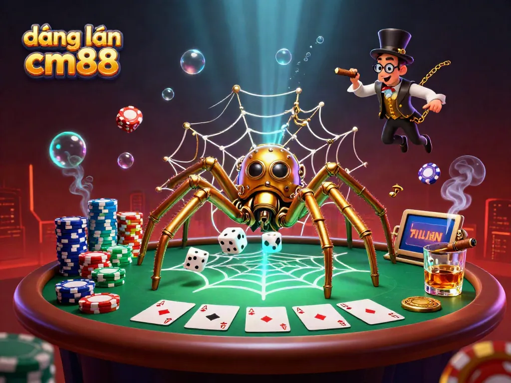 Engage in the excitement of đăng nhập cm88 at a steampunk casino-themed illustration featuring a golden spider, poker elements, and a fly gentleman.