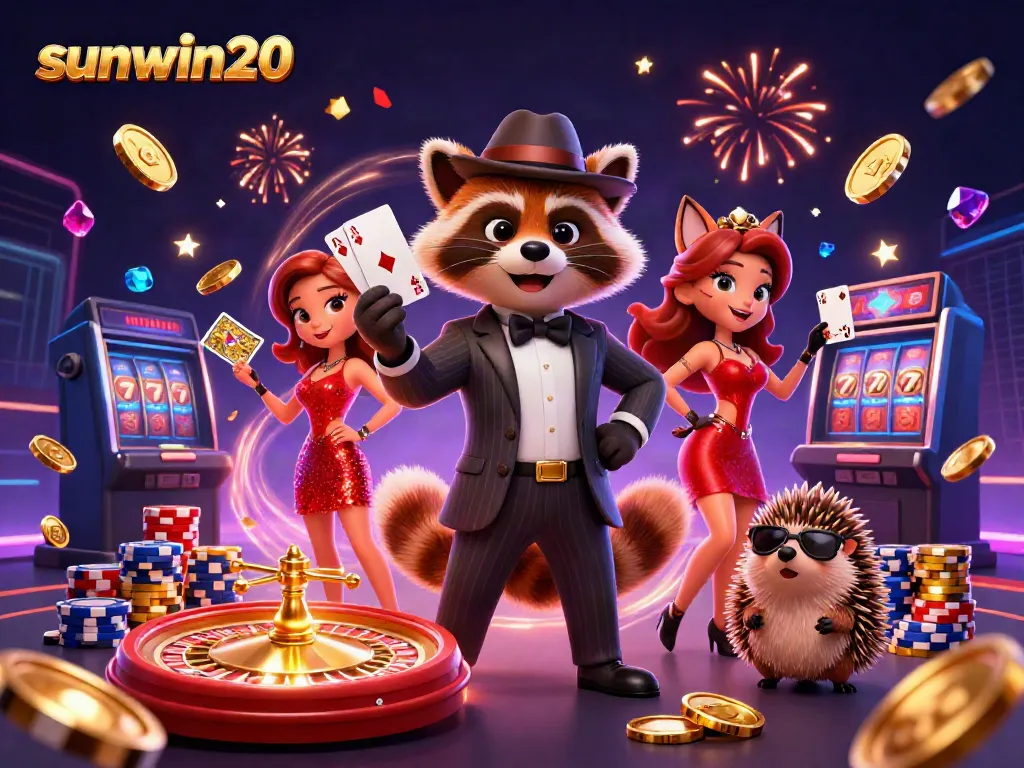 Experience the excitement of sunwin20 with dynamic casino characters celebrating wins amidst golden treasures.
