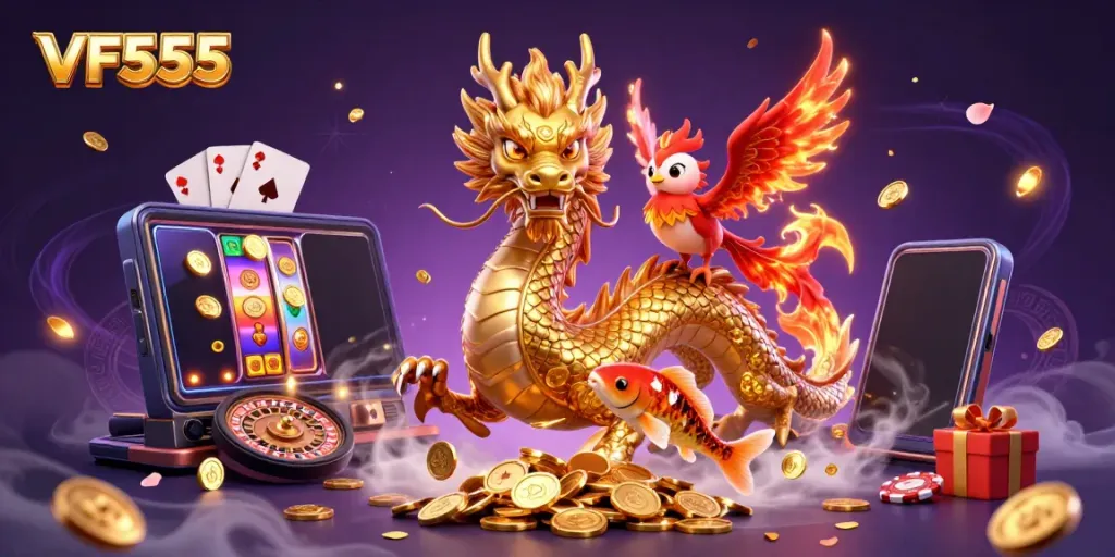 Win big with VF555 casino experience featuring a golden dragon, phoenix, and koi fish in an exciting gaming scene.