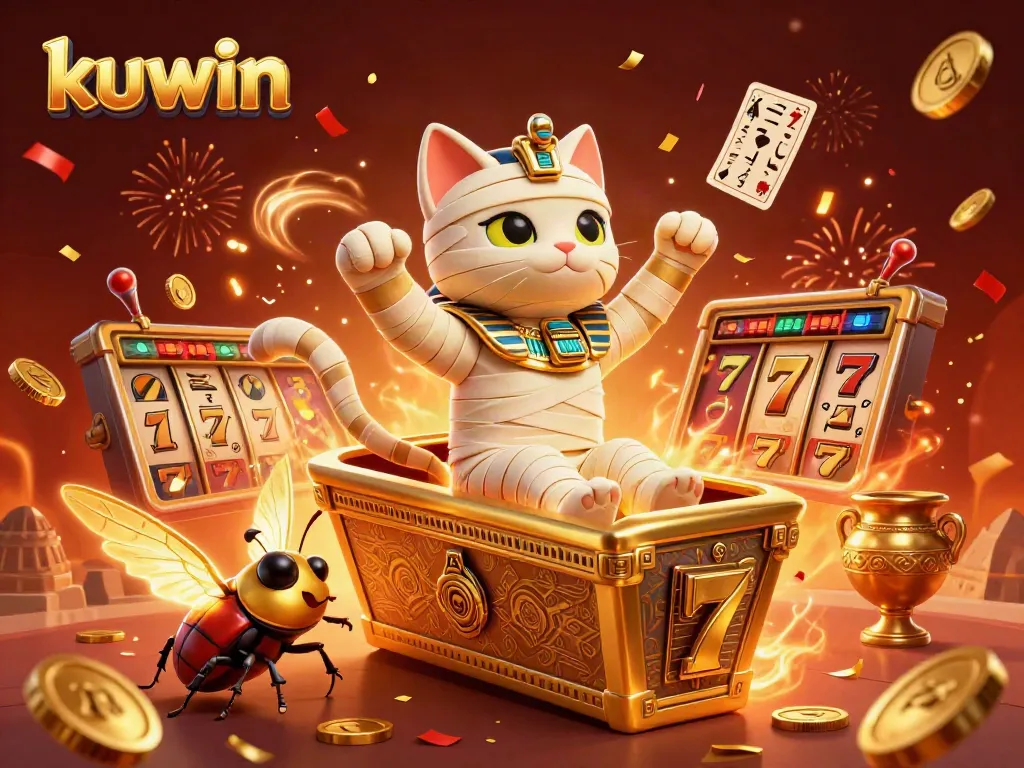 Experience jackpot thrills with kuwin as the mummy cat emerges amidst gold coins and slot symbols.
