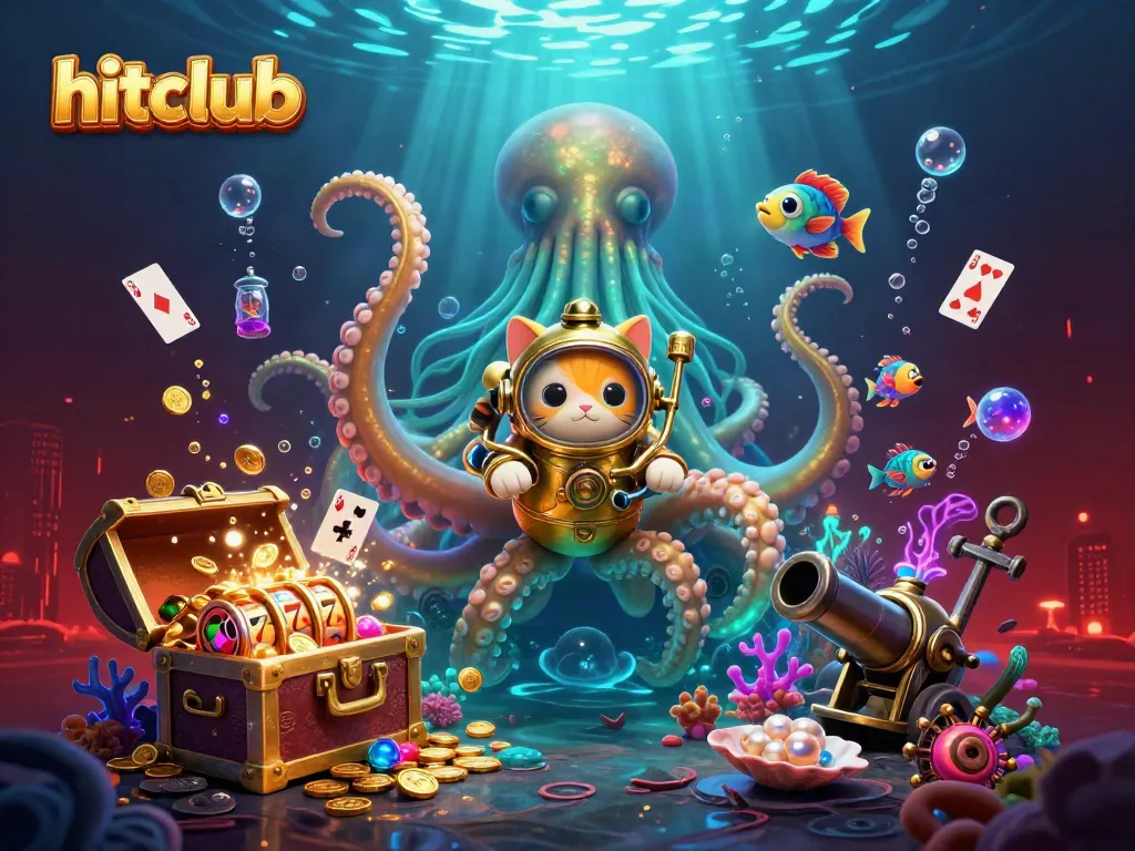 Engage with hitclub's thrilling gaming experience featuring a kraken and diving cat in a vibrant underwater scene.