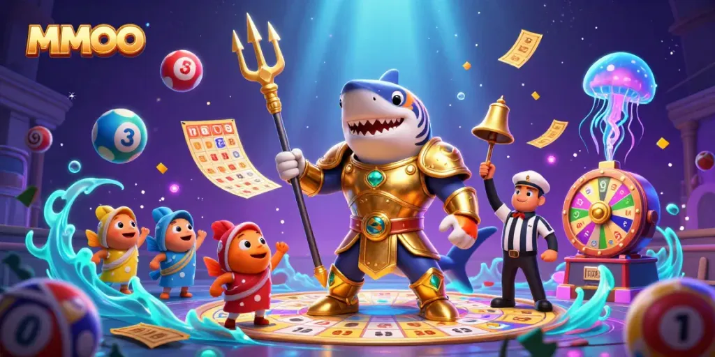 Experience the excitement of MMOO with a tiger shark battling in an underwater colosseum surrounded by vibrant gambling elements.