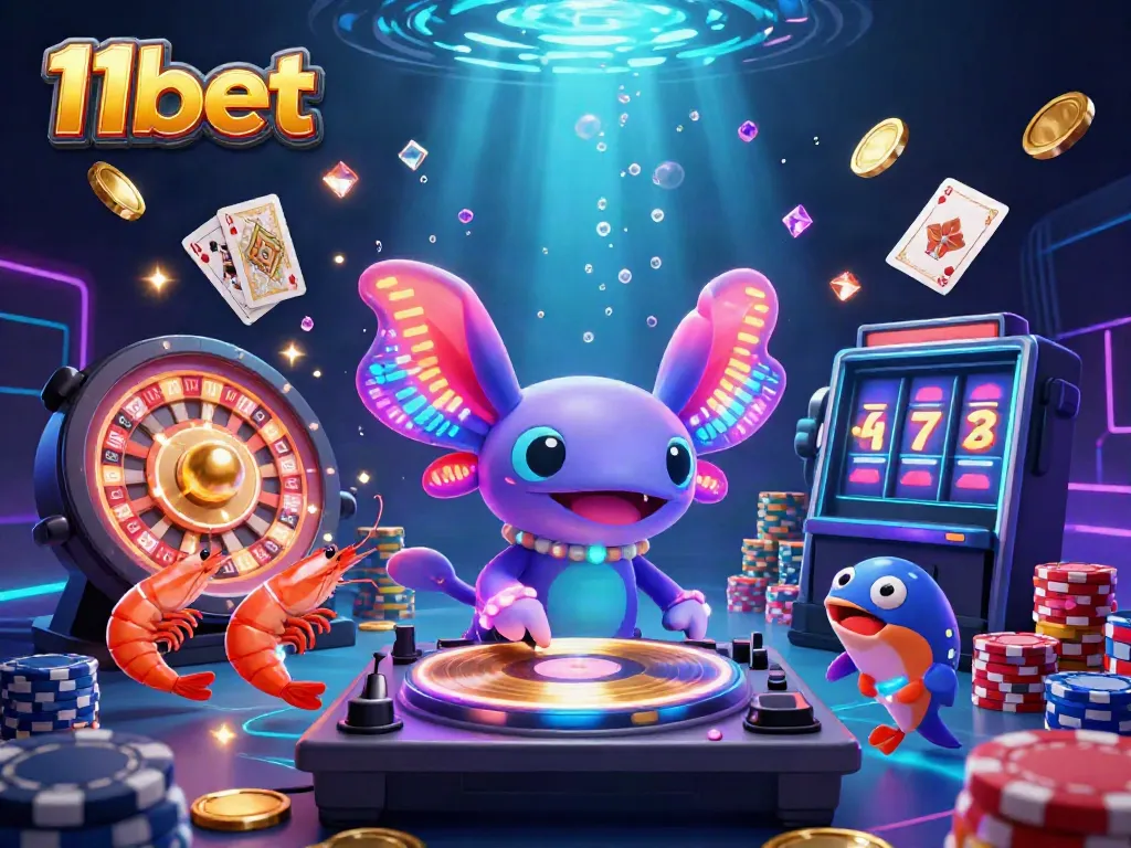 11bet's vibrant underwater casino scene showcasing an axolotl DJ, pearls of gold coins, and playful shrimp.