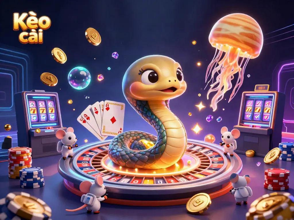 Kèo nhà cái showcases an engaging casino scene with a Saturn ring snake roulette and astronaut mice betting.