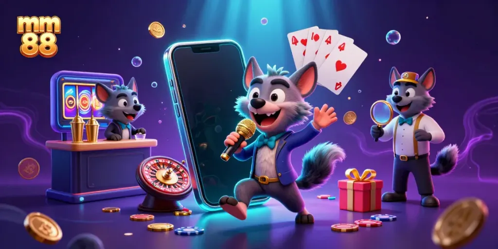 Experience the lively atmosphere of mm 88 with cartoon hyenas in a vibrant casino scene.