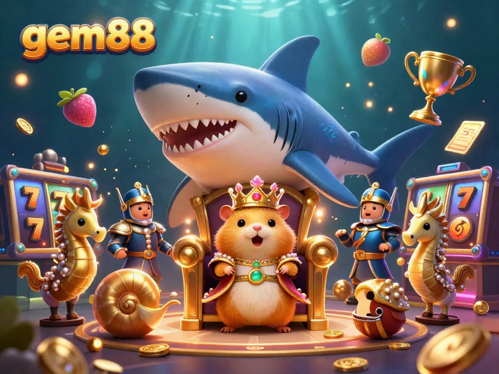 Experience thrilling gaming with gem88's engaging slot scene featuring a hamster king and vibrant gambling elements.