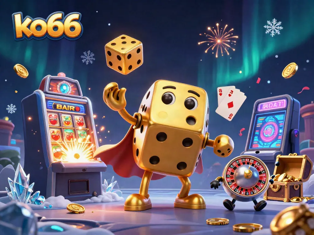 Experience the excitement of ko66 with a vibrant 3D illustration showcasing casino games and festive elements.