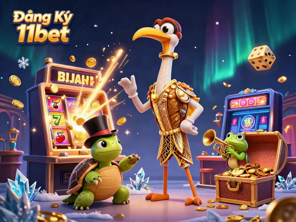 Experience the thrill of Đăng Ký 11bet with lively casino characters amidst a jackpot explosion.