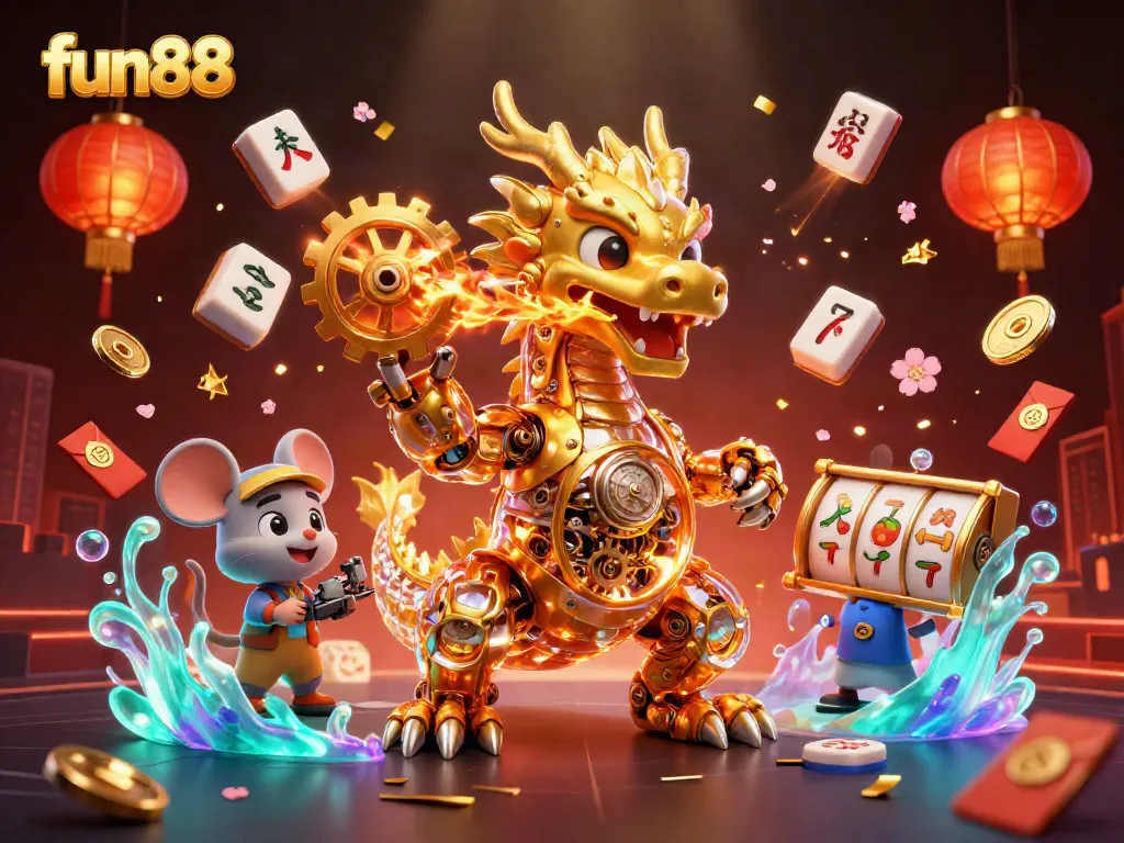 Experience fun88 as a vibrant dragon emanates golden gears amidst a dynamic casino scene.
