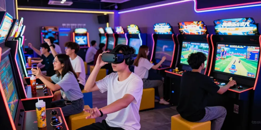Engaging gaming environment at Manclub featuring young adults enjoying VR and arcade games, creating an exhilarating atmosphere.