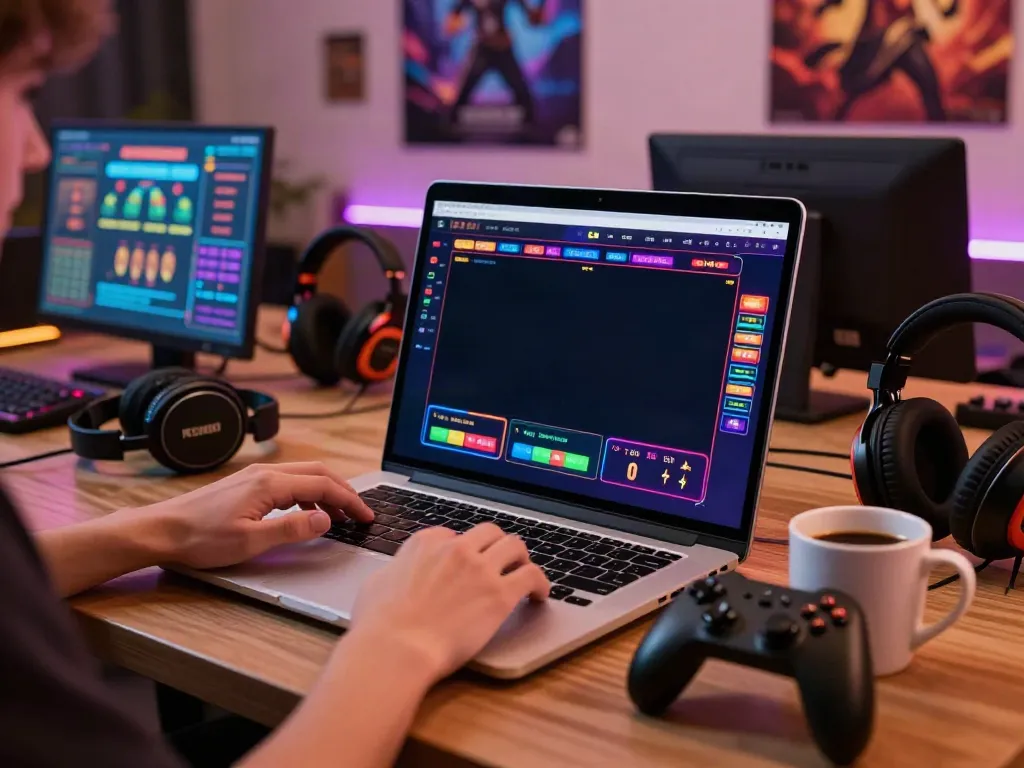User engaging with the NET88 online gaming platform on a laptop in a vibrant room.