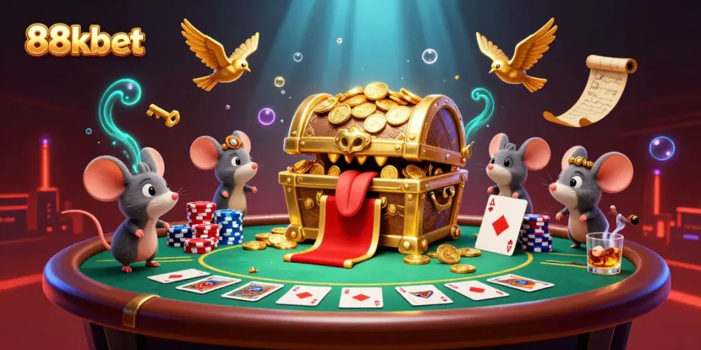 Engaging scene depicting adventurer mice flocking towards the golden 88kbet treasure chest amid colorful poker elements.