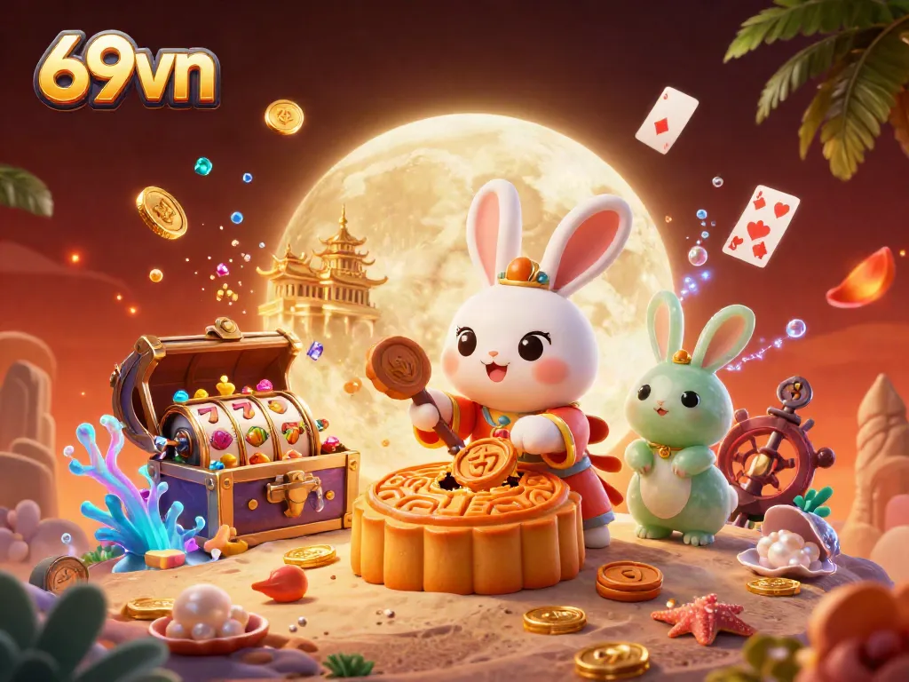 Engage with 69vn, where a moon rabbit character interacts with dynamic gambling elements in a vibrant casino scene.